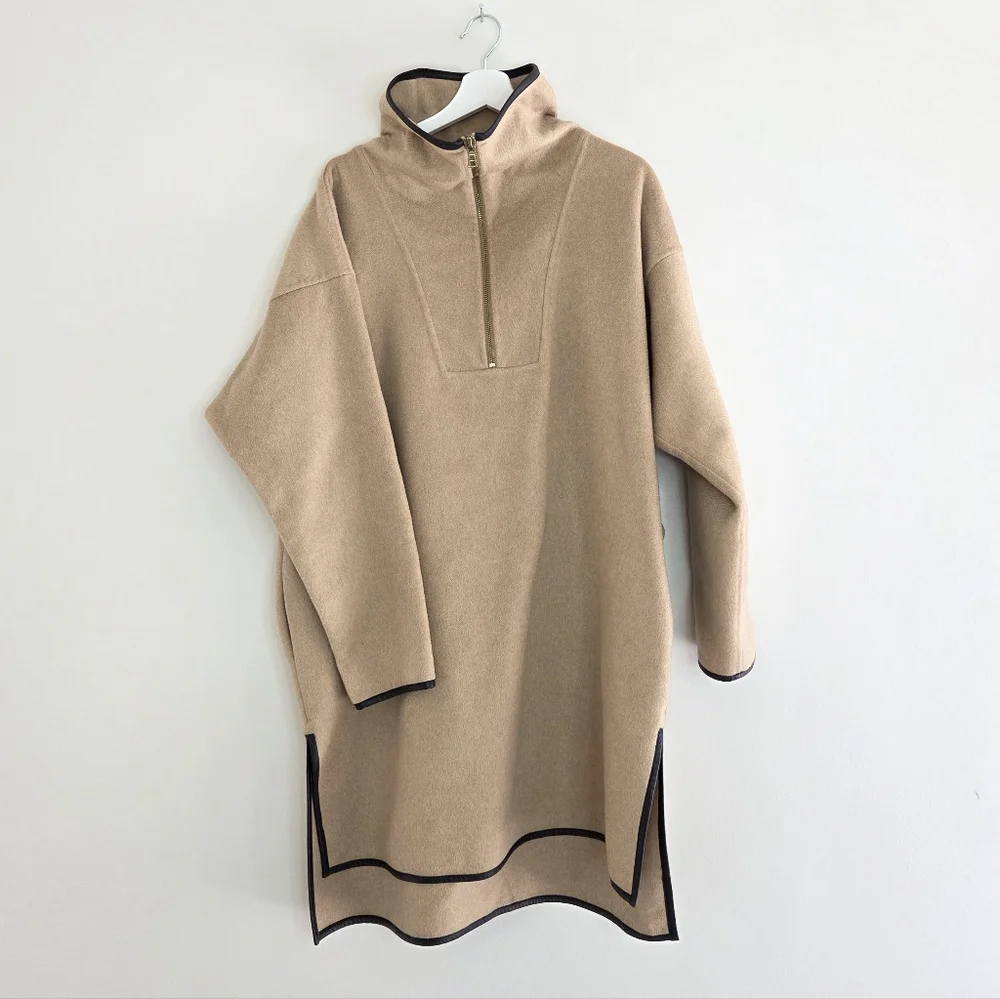 J. Crew Poncho Cashmere Piping Quarter-Zip Mock-Neck Mid-Length Sand Medium - Picture 2 of 9